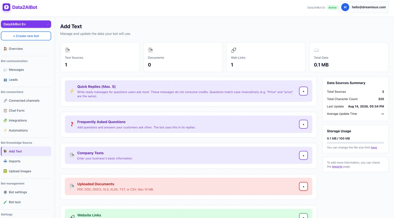 Data2AIBot add-text knowledge base screen