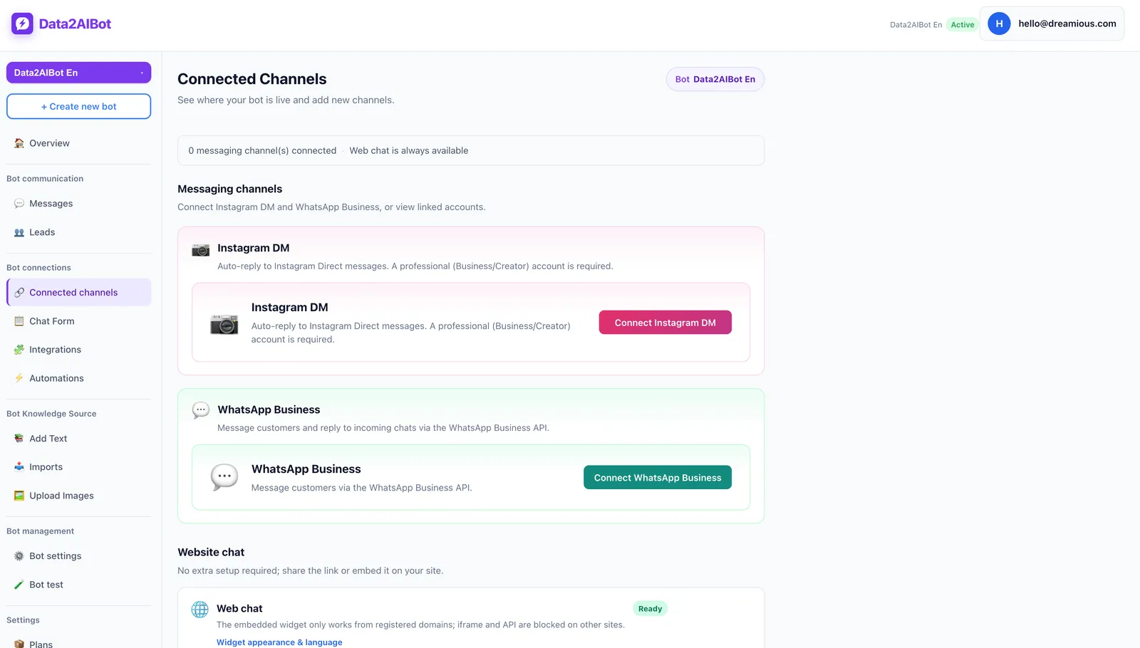 Data2AIBot channels screen — Instagram and WhatsApp connection