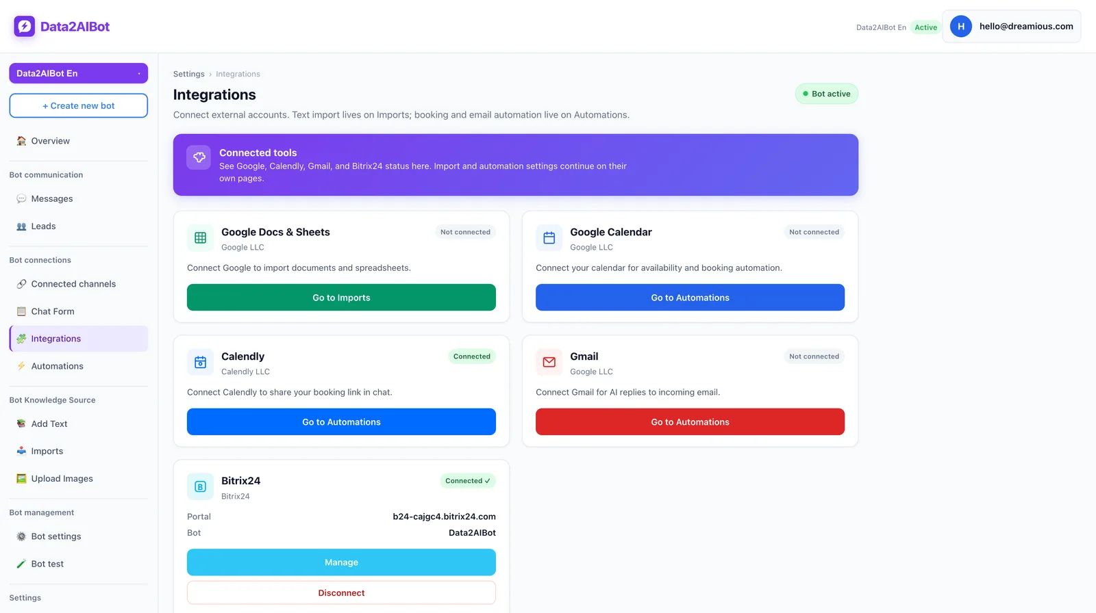 Data2AIBot integrations screen