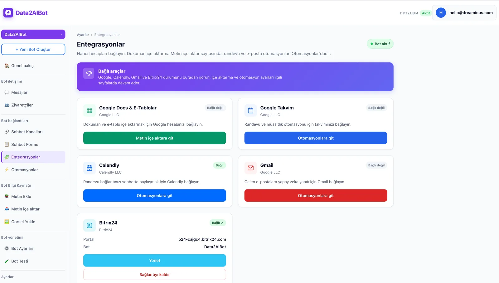Data2AIBot entegrasyonlar ekranı
