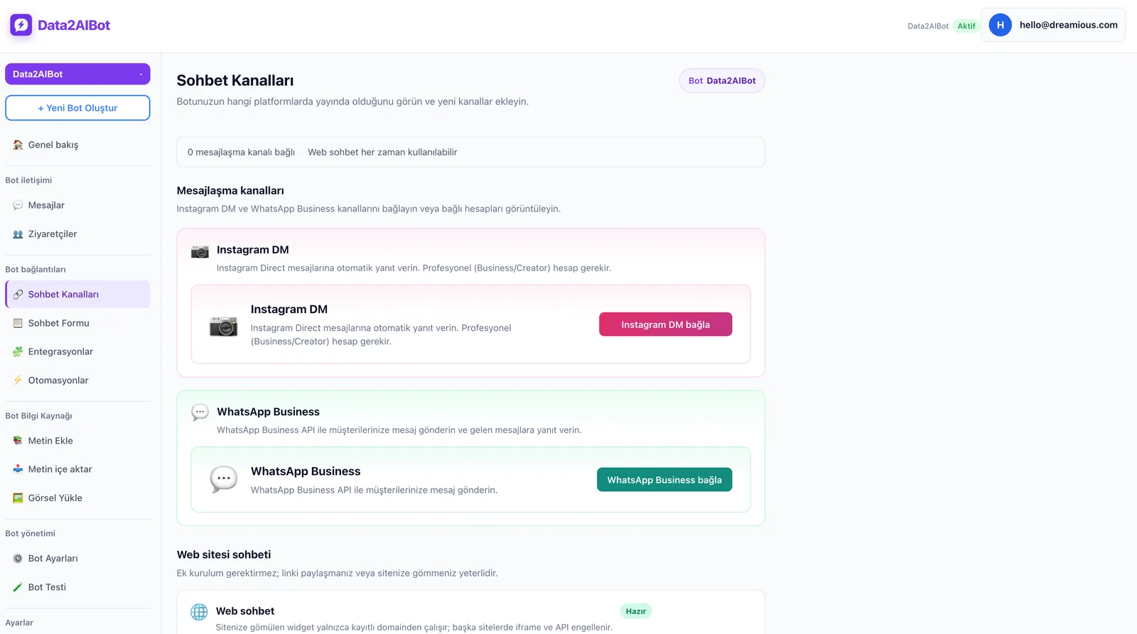 Data2AIBot kanallar ekranı — Instagram ve WhatsApp bağlantısı