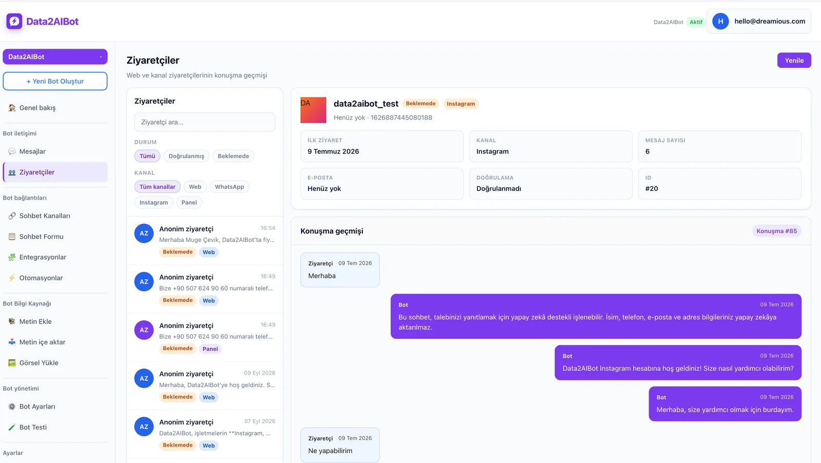 Data2AIBot ziyaretçi ve lead listesi