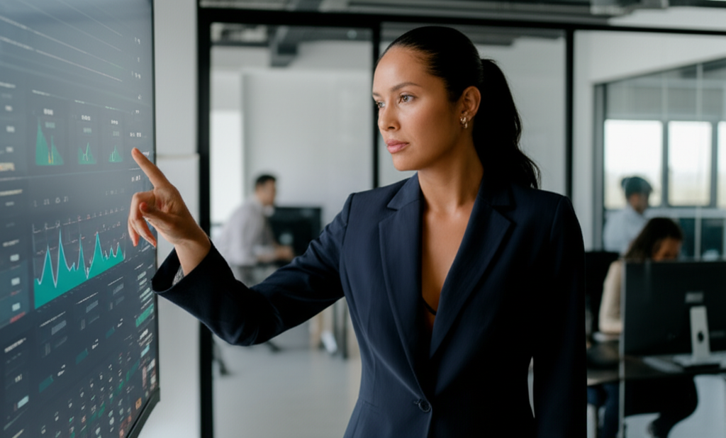 Business woman adding content